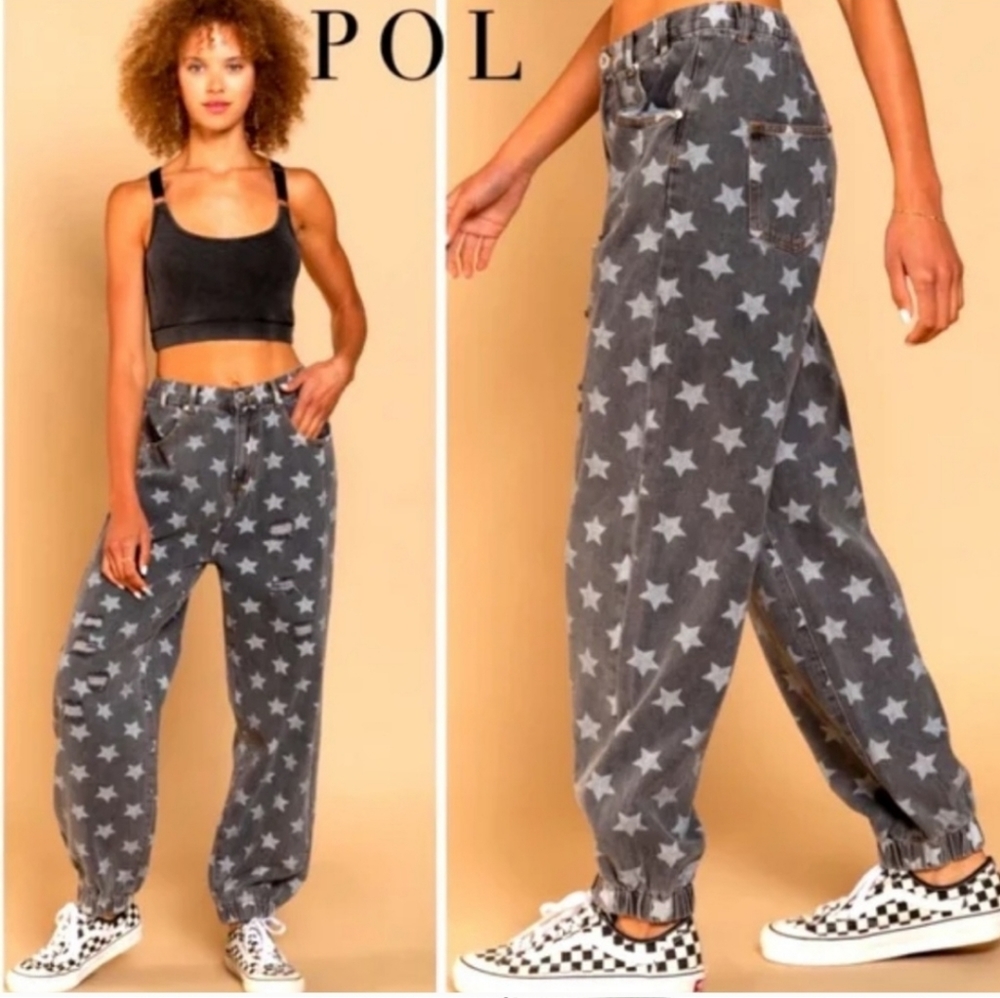 NEW POL Star Print Distressed High Waisted Women Jogger Jeans Small/Waist 29